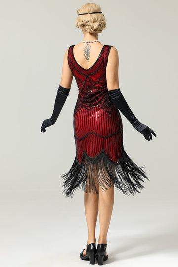 Vestido vermelho e preto Deep V Neck Flapper 1920